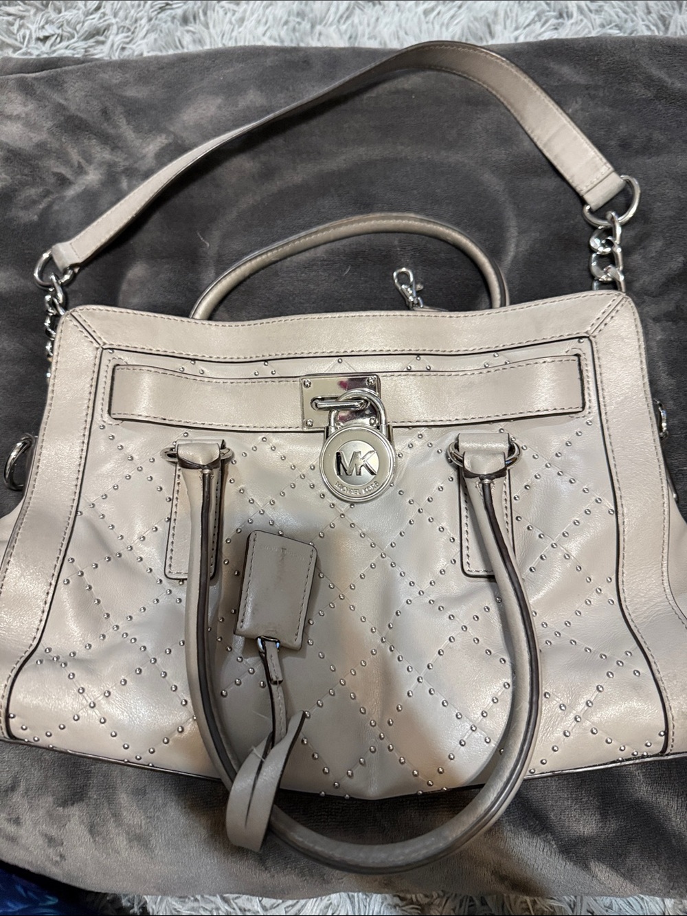 Michael Kors Gray Quilted Studded Satchel with MK Charm